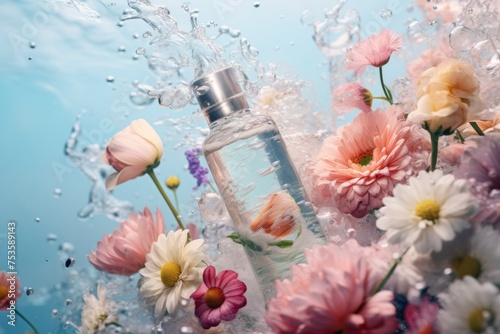 serum glass bottle falling in water with pink flowers under water. Natural cosmetics floral background.