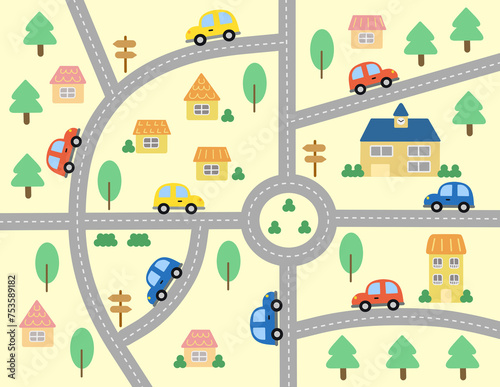 Wallpaper Mural Cartoon City Map with Trees, Houses, and Cars. Colorful Cute Cartoon Wallpaper for Kids. Torontodigital.ca