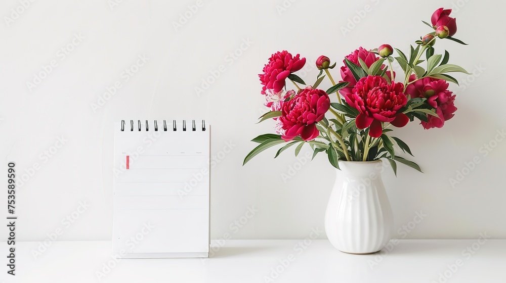 Mockup white desk calendar and pink flowers in a vase on a light background. Spiral calendar for mockup template advertising and branding,generative ai Mockup white desk calendar and pink flowers in a vase on a light background. Spiral calendar for mockup template advertising and branding,generative ai