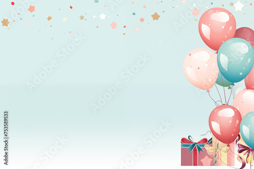 Birthday card with balloons and gift box with copy space background 