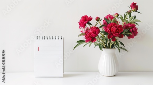 Mockup white desk calendar and pink flowers in a vase on a light background. Spiral calendar for mockup template advertising and branding,generative ai