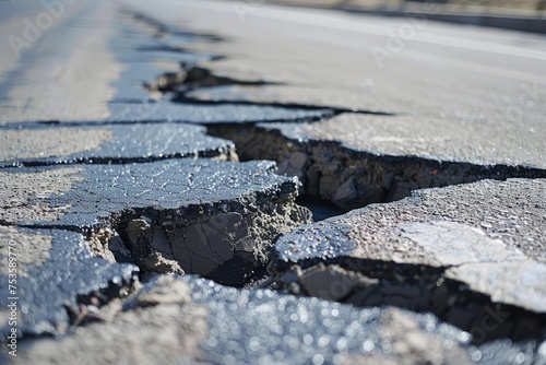 Asphalt road buckles and cracks in extreme heat, leading to traffic problems. photo