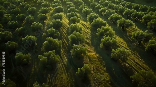 Aerial view of lush green trees in a forest at sunrise. serene nature landscape, perfect for environmental themes. nature's tranquility captured from above. AI photo