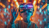 Side view portrait of little boy wearing VR headset and reaching out while testing augmented technology in school laboratory. Virtual reality