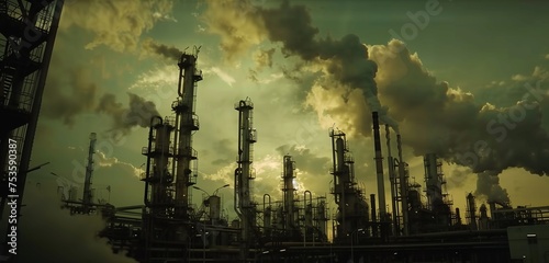 A time-lapse capturing the bustling activity of workers amidst towering machinery in the refinery yard.