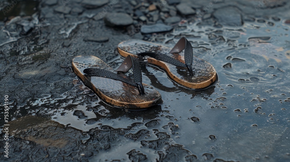 Flip-flops deforming and melting as they walk on scorching urban concrete. Flip-flops deforming and melting as they walk on scorching urban concrete.
