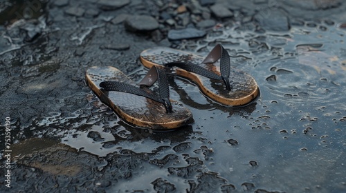 Flip-flops deforming and melting as they walk on scorching urban concrete.