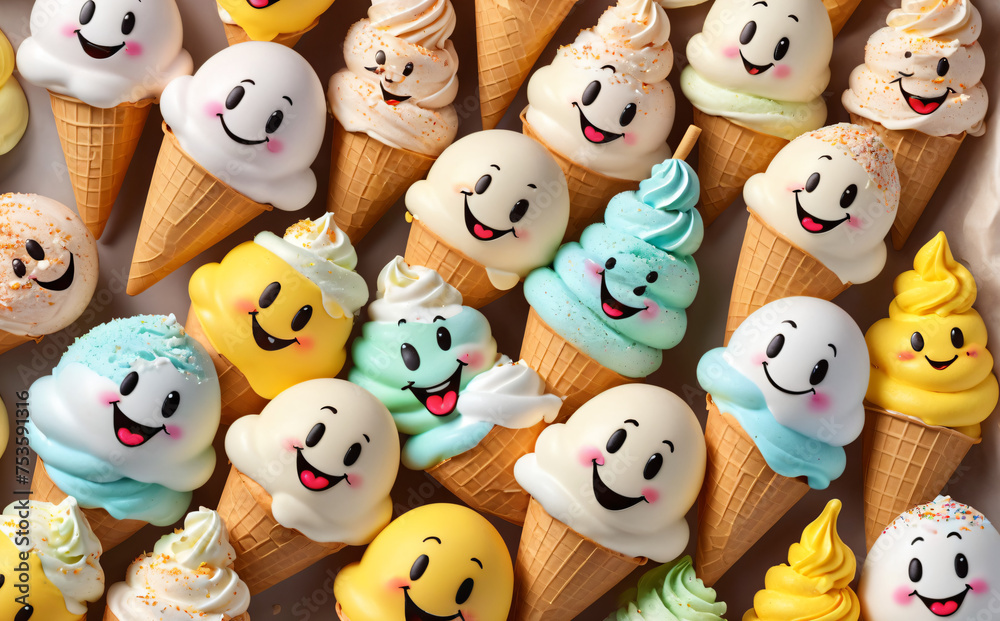  a lot of happy ice cream, cheerful, cute face, great mood