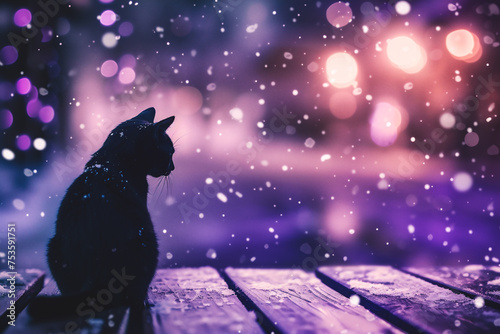 Black cat sitting on wooden table in front of snowflakes background