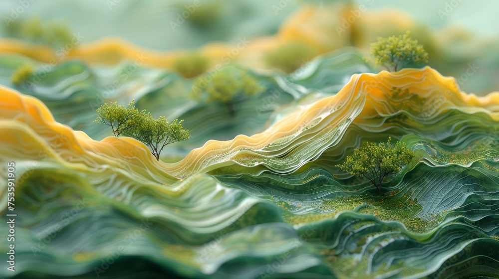 Miniature landscape made of green and yellow wavy layers and little green trees, Topographic layered green and yellow miniature landscape with little trees, ecological ecofriendly nature 3d concept - obrazy, fototapety, plakaty 