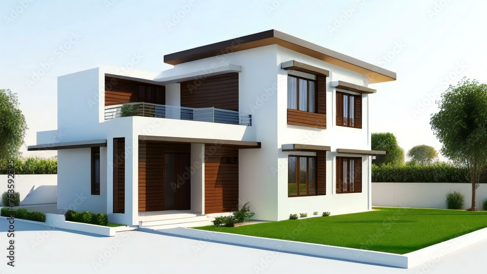 Modern two-story house with a flat roof, large windows, and a green lawn, showcasing contemporary residential architecture.