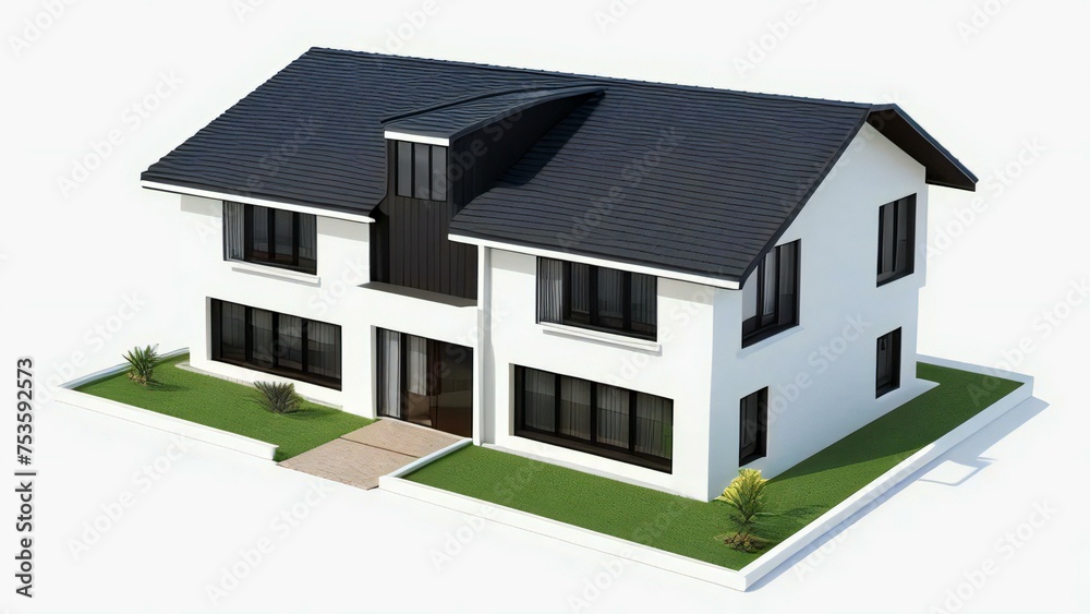Modern two-story house with black roof and white walls, 3D rendering on white background.