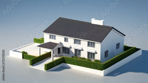 3D rendering of a modern two-story house with a white facade and dark roof, isolated on a light background.