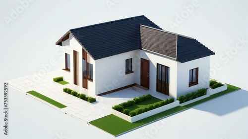 3D rendering of a modern single-story house with a dark roof, white walls, and green landscaping on a white background.