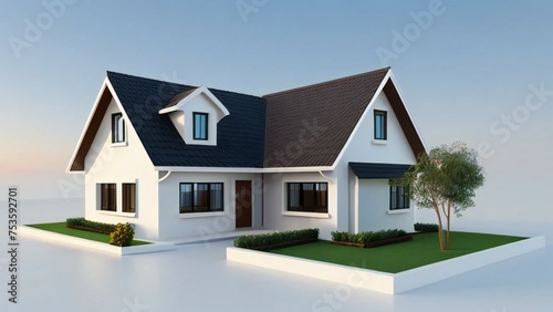 Modern suburban house with a gable roof, white walls, and a green lawn during the daytime. © home 3d