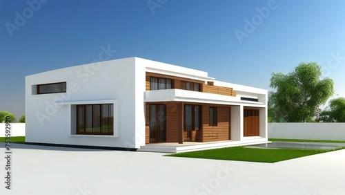 Modern house with white walls, wooden accents, and green lawn on a sunny day. © samsul