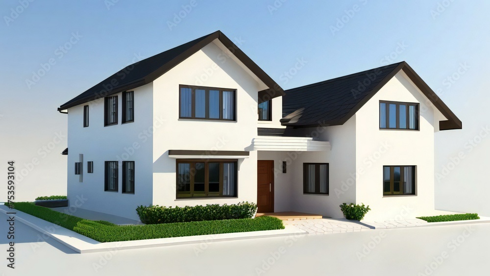 Modern two-story house with white facade and black roof on a clear day.