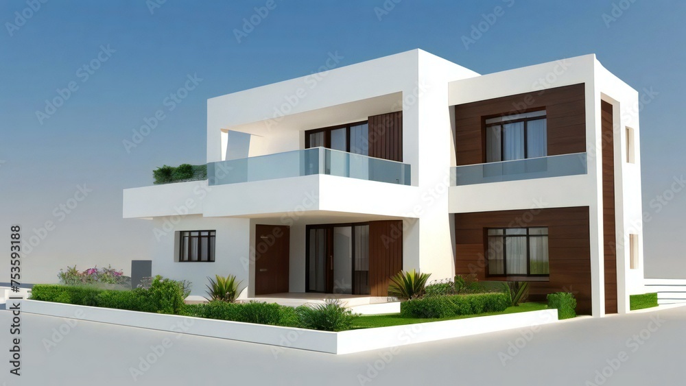 Modern two-story house with balcony and large windows, featuring a minimalist white and brown facade.