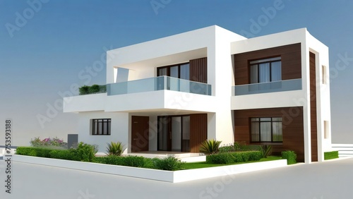 Modern two-story house with balcony and large windows, featuring a minimalist white and brown facade. © home 3d