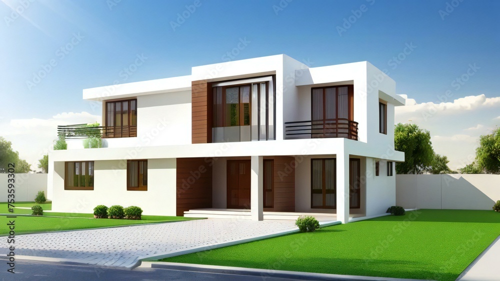 Modern two-story house with a flat roof, large windows, and a green lawn on a sunny day. Modern two-story house with a flat roof, large windows, and a green lawn on a sunny day.