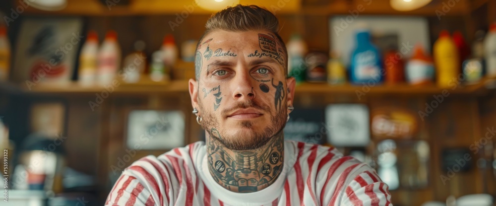 A Man With Tattoos Sitting in a Bar - obrazy, fototapety, plakaty 