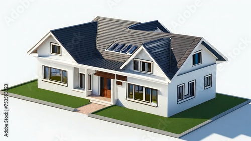 3D rendering of a modern suburban house with a lawn on a white background. © home 3d