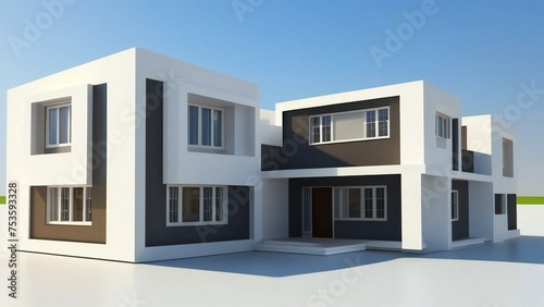 Modern two-story residential house with flat roofs and minimalist design on a clear day. © home 3d