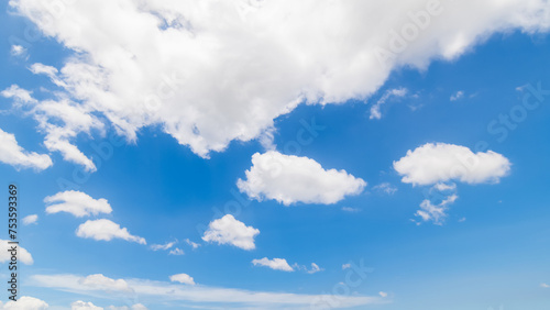 Panoramic view of clear blue sky and clouds  Blue sky background with tiny clouds. White fluffy clouds in the blue sky. Captivating stock photo featuring the mesmerizing beauty of the sky and clouds.