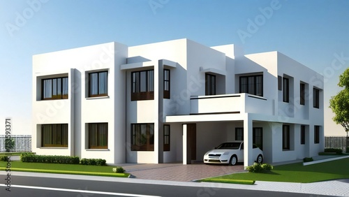 Modern duplex house with white facade, large windows, and a car parked in the driveway, under a clear sky.