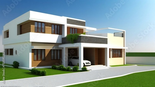 Modern two-story house with garage, featuring a mix of white walls and wooden panels, under a clear sky. © home 3d