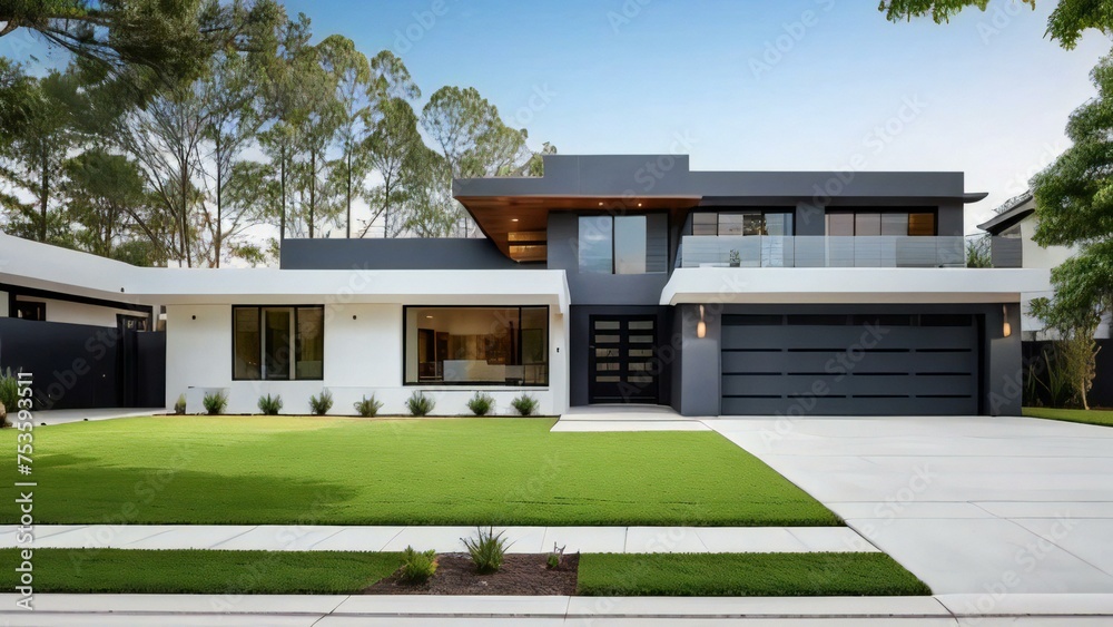 Modern suburban house with a lush lawn and sleek design at dusk. Modern suburban house with a lush lawn and sleek design at dusk.