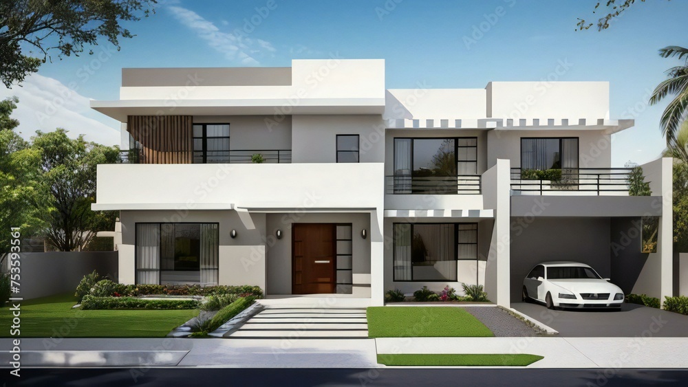 Modern two-story house with balconies, large windows, and a white car parked in the driveway, set against a clear sky. Modern two-story house with balconies, large windows, and a white car parked in the driveway, set against a clear sky.