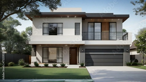 Modern two-story house with garage and landscaped front yard.