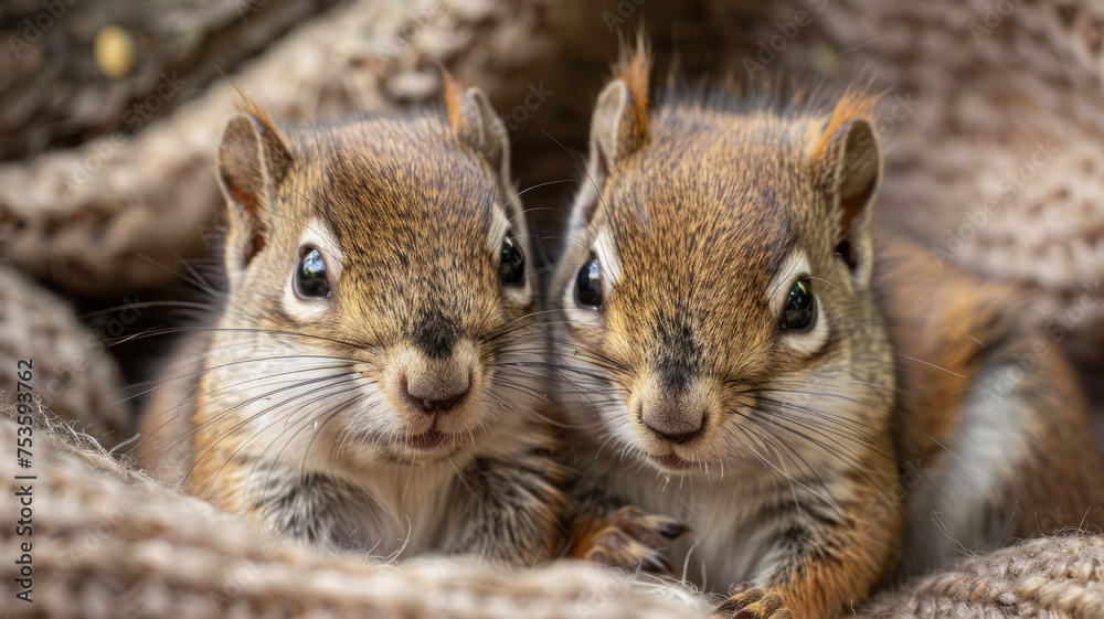 Obraz premium Two squirrels close together on textured material.