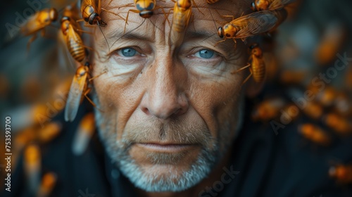 portrait of a man with bugs in his head, creative