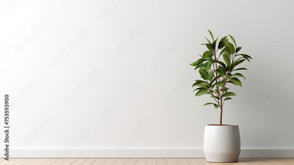 Abstract empty room decorated with white wall and plant on a floor