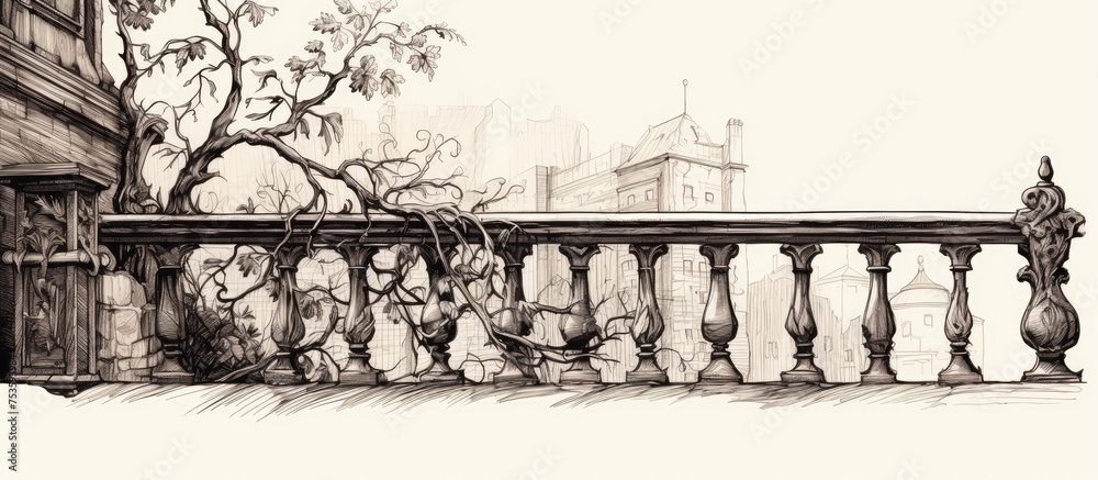 Romantic classic elegant outdoor element Carving bannister on aged parapet backdrop Freehand ink sketch in doodle style on paper - obrazy, fototapety, plakaty 
