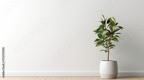 Abstract empty room decorated with white wall and plant on a floor