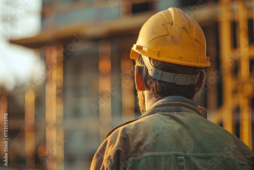 worker with helmet standing in front of under construction building