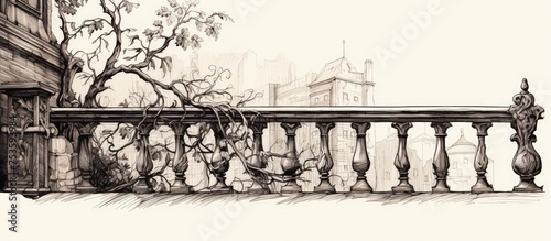 Romantic classic elegant outdoor element Carving bannister on aged parapet backdrop Freehand ink sketch in doodle style on paper