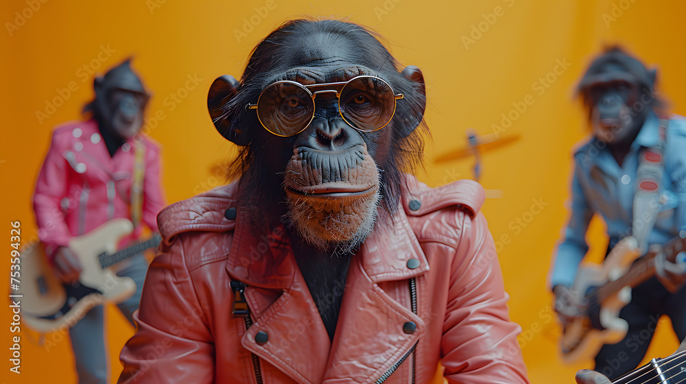 Monkeys Rock Band in Trendy Attire Ready for Live Show Monkeys Rock Band in Trendy Attire Ready for Live Show