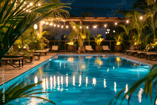 Swimming pool with palm trees in luxury hotel resort at night.