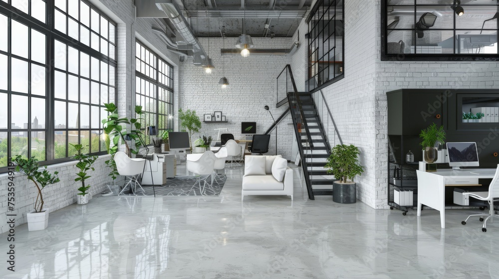 Loft style office, There are white brick wall, polished concrete floor and black steel structure.Furnished with white furniture.There are large windows look out to see the nature Loft style office, There are white brick wall, polished concrete floor and black steel structure.Furnished with white furniture.There are large windows look out to see the nature