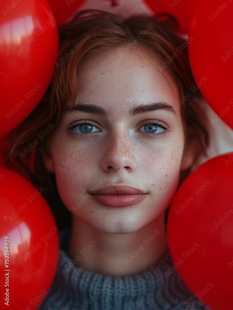Woman With Blue Eyes and Red Balloons Woman With Blue Eyes and Red Balloons