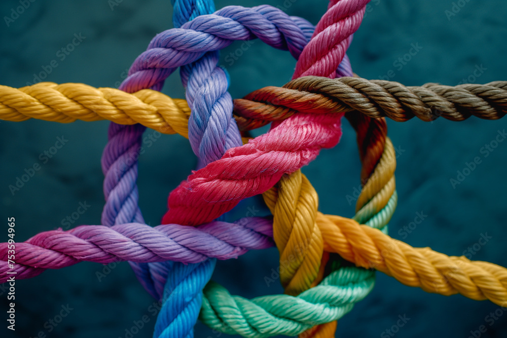 Colourful rope knots on a blue background Colourful rope knots on a blue background
