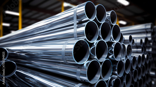 Stack of steel pipes in a metallurgical plant, factory or workshop