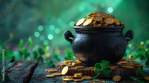 St. Patrick's Day card design with leprechaun pot filled with gold. Patricks Day design. AI generated