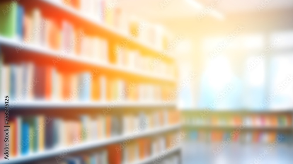 Stack of books in the library and blur bookshelf background with blur light
