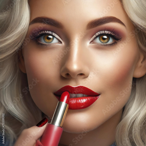 Piękna kobieta malująca usta czerwoną szminką