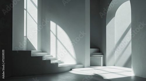 Modern Minimalist Interior with Sunlight and Shadows.